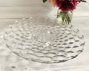 Glass Cake Stand Fostoria Clear Glass Platter | Cubist Pattern-Dessert Tray Glass | Vintage Cake Stand | Large Serving Platter
