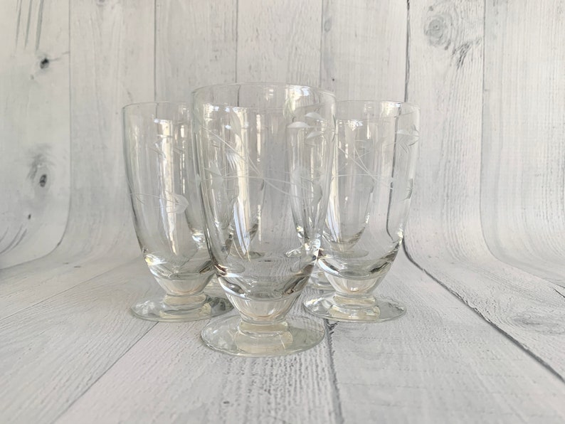 Etched Crystal Stemware Set of 5 Etched Crystal Tumblers Iced Tea Glass Vintage Cocktail Glass Footed Tumbler