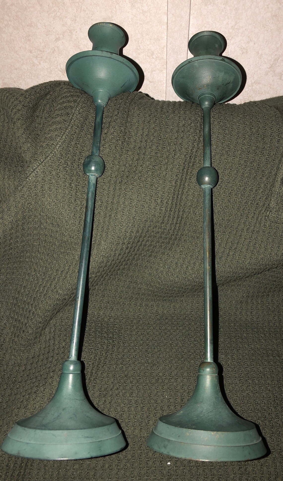 2 metal green candle holders Etsy