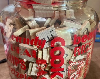 Vintage GAC A65 glass storage jar Red lettering & lid with scrabble tiles