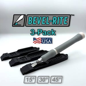 May include: A Bevel-Rite 3-pack set featuring three black plastic beveling guides labeled 15, 30, and 45 degrees, and a gray handled craft knife with a metal blade. The text Bevel-Rite, 3-Pack, and Made in the USA are visible in the image.