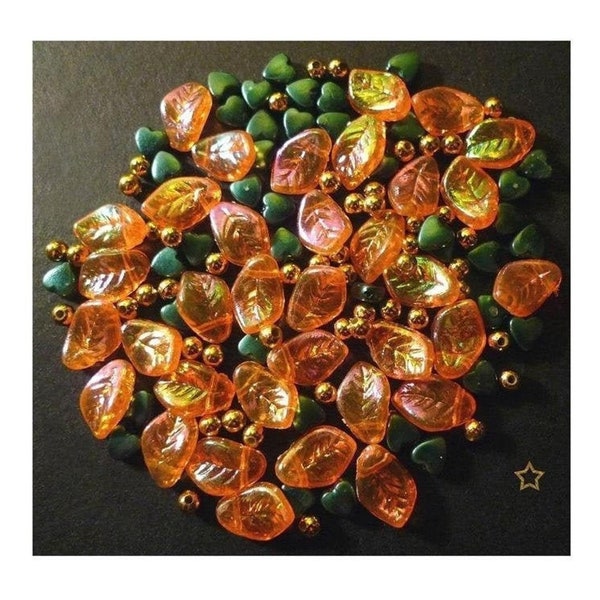 Perles synthétiques, feuilles, cœurs, vert, or, orange