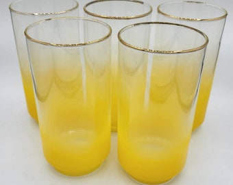 Libbey Yellow Blendo Frosted Glasses Gold Rim Set of 5