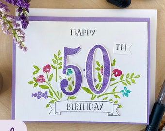 Personalized Floral 50th Birthday Card, Handmade Anniversary Card