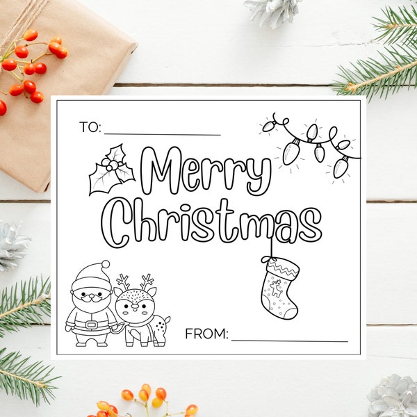 Christmas Gift Tags for Kids, Kids Coloring Pages, DIY Christmas Tags, Color Your Own Christmas Card, Printable Christmas Card from Kids