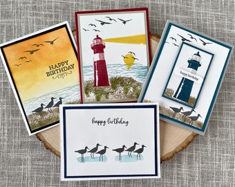 Beach Themed Birthday Card Set, summer Birthday Cards, Beach Themed Gifts, Lighthouse Cards, Masculine Birthday Cards,  Stampin' UP Cards