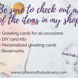 May include: A pink notebook with the text "Be sure to check out all of the items in my shop:" and a list of items for sale: greeting cards for all occasions, DIY card kits, personalized greeting cards, and bookmarks. The text "www.cardsncraftsstudio.etsy.com" is at the bottom of the image.