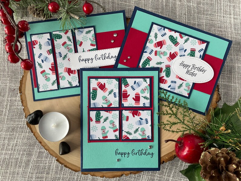 Winter Birthday Card Set, Winter Birthday Gifts, December Birthday Cards, January Birthday Cards, Mitten Cards, Stampin' Up Birthday Cards image 1