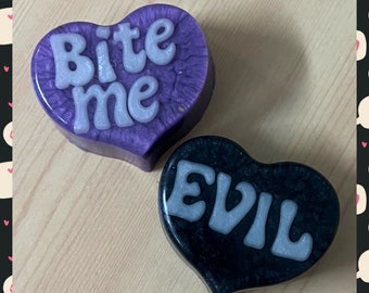 Heart soaps with phrases. Conversation hearts soaps. Spooky Valentine's Day. Goth Valentine's. Gothic soaps. Spooky heart soaps. Big size.