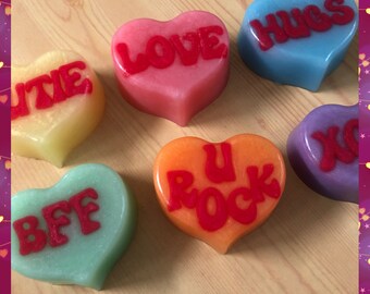 Heart soaps with phrases. Conversation hearts. Big-sized soap. For Valentine's Day. Handmade gift.