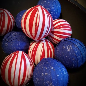 Bowl Fillers, Ornaments, Patriotic, Red white and Blue, Americana, rag balls, centerpieces, shelf fillers, shelf sitters, Fourth of July