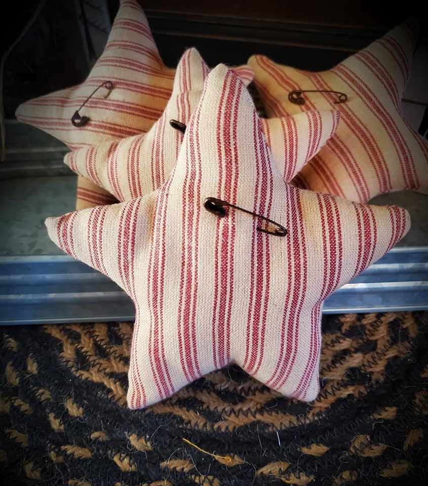 Red ticking, primitive star bowl fillers or ornaments, country decro,…