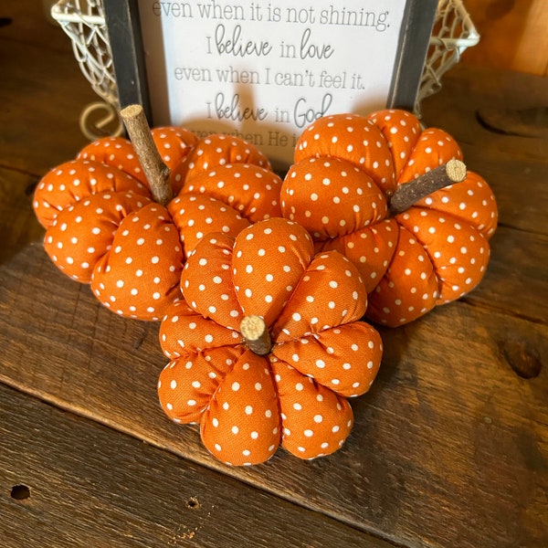 Orange/white polka dot Farmhouse inspired fabric pumpkins, tier shelf , fall wedding decorations, country cottage pumpkins, boho fall shabby