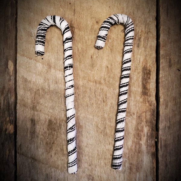 black and white ticking fabric wrapped candy canes, farmhouse inspired, ornaments, tier shelf decor, wedding favors, Christmas tags, shabby