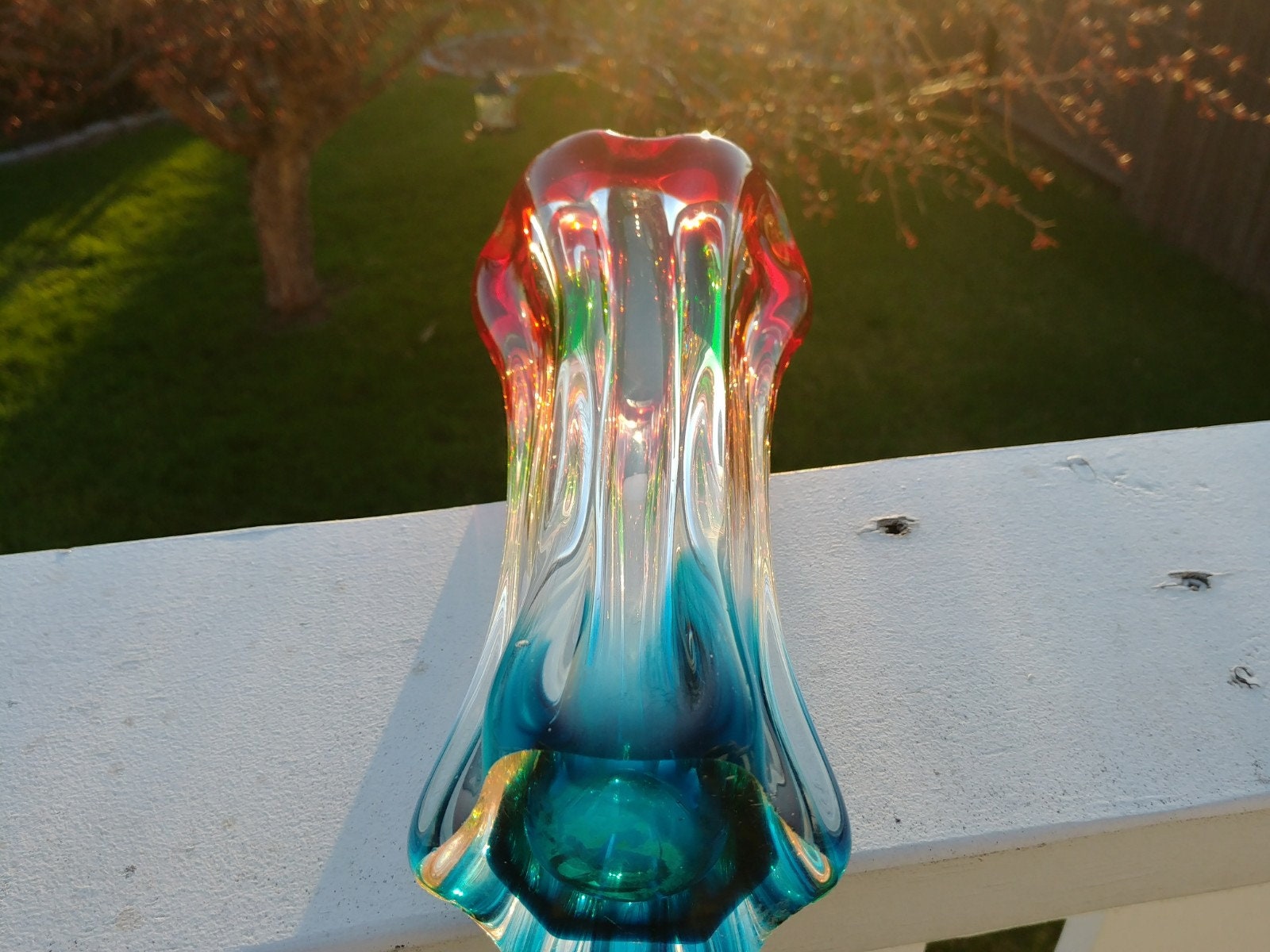 Splash Vase, Murano Style, Vintage, Blue, Green, Red, Amazing Color