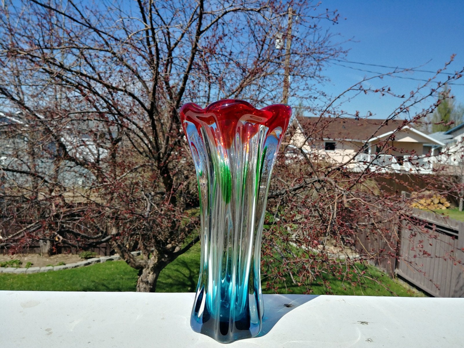 Splash Vase, Murano Style, Vintage, Blue, Green, Red, Amazing Color