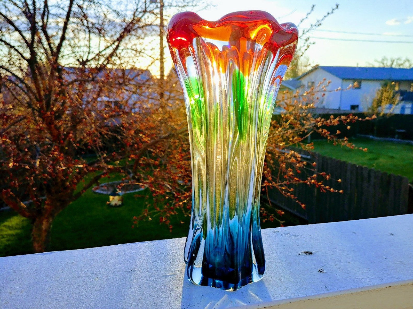 Splash Vase, Murano Style, Vintage, Blue, Green, Red, Amazing Color