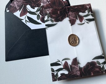 Ava | Moody Floral Vellum Wraps for 5x7 Invitation, Dark Floral Vellum Wrap, Printed Vellum Wrap, Burgundy Blush Floral Wedding Invitation
