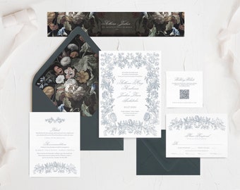 Athena | Printed Elegant Wedding Invitations, Printed Wedding Invite with Antique Florals, Moody Floral, Romantic Floral Wedding Invitations