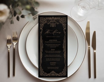 Christine | Printed Wedding Menu, Black and Gold Menu Card, Elegant Gold Frame Wedding Dinner Menu, 4x8 Inches, Gold Frame Design