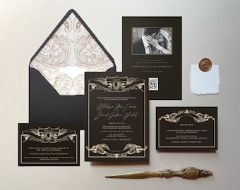 May include: Black and gold wedding invitation suite with a decorative floral design. The invitation features the couple's names, wedding date, and location. The RSVP card includes details about the reception. The envelope is black with a gold floral pattern.