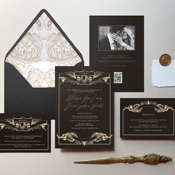 Black Wedding Invitations, Black and Gold Wedding Invitations, Printable Invitation Template, Halloween Weddings, Envelope Liner Included