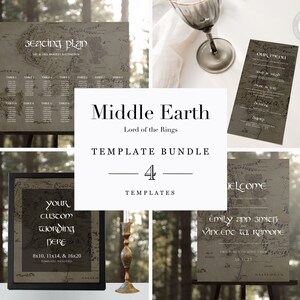 Op de afbeelding: Een set van vier afdrukbare huwelijkstemplates met een kaart van Midden-aarde uit The Lord of the Rings. De templates bevatten een zitplaatskaart, een welkomstbord, een menu en een bord voor de namen van het paar en de datum van de bruiloft.
