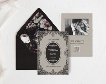 Victoria: Dark Victorian Save the Date Template, Gothic Halloween Wedding Save the Dates, Printable Save the Date Template