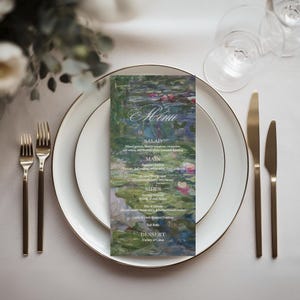 Monet | Printed Floral Wedding Menu, Fine Art Floral Menu Card, Wedding Dinner Menu, 3.5x8 Inches, Modern Floral, Monet Water Lillies