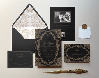 May include: Black and gold wedding invitation suite with ornate floral designs. The invitation features the couple's names and wedding date. The RSVP card has a black background with gold trim. The envelope liner features a gold floral pattern.