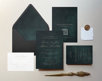 Juliet | Emerald Wedding Invitation, Dark Green Wedding Invitation, Green and Gold Wedding, Moody Green Wedding, Jewel Tone Wedding