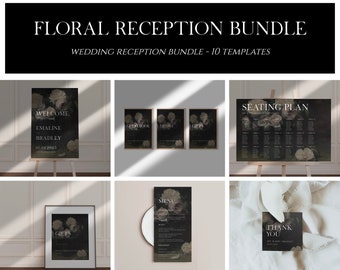 Moody Floral Wedding Template Bundle, Wedding Reception Sign Bundle, Reception Sign Bundle, Dark Moody Floral, Instant Download