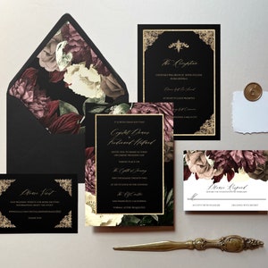 Farah | Dark Floral Wedding Invitation Set, Moody Floral Wedding Invitations, Printed Wedding Invite, Gold Calligraphy Wedding Invitation