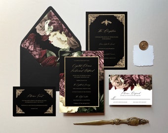 Farah | Dark Floral Wedding Invitation Set, Moody Floral Wedding Invitations, Printed Wedding Invite, Gold Calligraphy Wedding Invitation