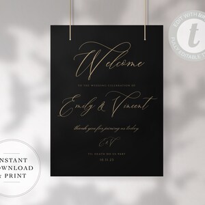 Eliza: Modern Calligraphy Welcome Sign, Black and Gold Wedding Poster, 100% Editable Template, Instant Download, Printable, Templett