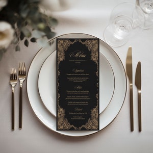 Evelyn | Gedrucktes Hochzeitsmenü, schwarz-goldene Menükarte, elegantes Hochzeitsmenü mit Goldrahmen, 4x8 Zoll, Goldrahmendesign