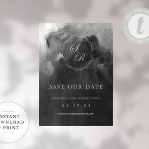 Pompeii: Dark Moody Watercolor Save the Date, Dark Watercolor Save the Date Template, Printable Black Watercolor Editable Template, Templett