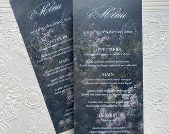 Wild Roses | Printed Floral Wedding Menu, Fine Art Floral Menu Card, Wedding Dinner Menu, 4x8 Inches, Modern Floral Wedding Menu