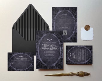 Livinia : faire-part de mariage Halloween violet, faire-part d'Halloween gothique violet, modèle d'invitation, mariages Halloween, doublure incluse