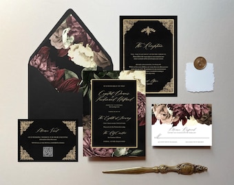 Farah | Dark Floral Wedding Invitation Set, Moody Floral Wedding Invitations, Floral Wedding Invitation, Moody Floral Wedding