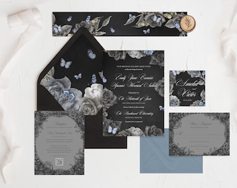 Emily | Halloween Wedding Invitation, Corpse Bride Wedding Invitation, Dusty Blue Wedding Invitation, Butterfly Wedding Invitation