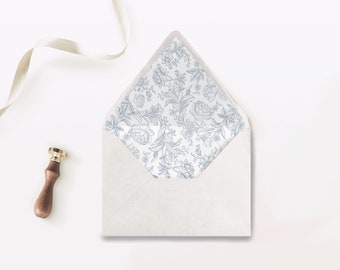 Athena: Fine Line Floral Envelope Liner Template, Dusty Blue Floral Lines, Envelope Liner, Wedding Blue Floral Envelope Liner