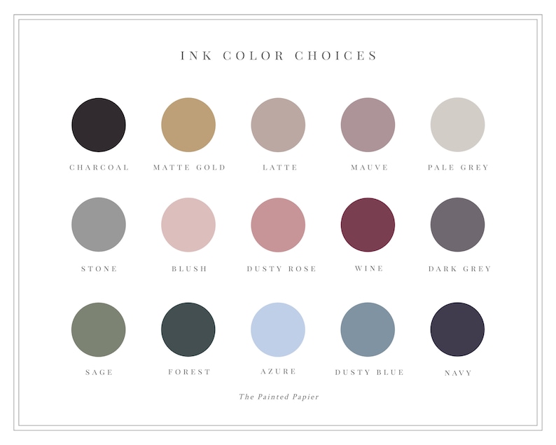 Op de afbeelding: Inktkleurenkaart met 15 verschillende kleuropties. De kleuren zijn: houtskool, mat goud, latte, mauve, lichtgrijs, steen, blush, poederroze, wijn, donkergrijs, salie, bos, azuurblauw, stoffig blauw en marineblauw.