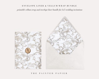 Printable Wedding Vellum Wrap and Envelope Liner for 5x7 Wedding Invitations, Vellum Wrap & Liner Mini Bundle, Beige Toile French Baroque
