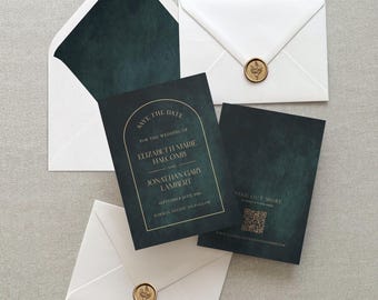 Juliet | Emerald Wedding Save the Date, Moody Dark Green Wedding, Printed Wedding Invite, Dark Academia with Modern Calligraphy