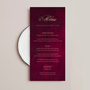 Ofelia: modello menu matrimonio rosso, download istantaneo, acquerello bordeaux, carta menu cena stampabile, testo modificabile al 100%, Templett