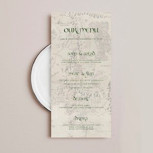 Śródziemie: LOTR Szablon menu weselnego, Władca Pierścieni Karta menu weselnego, Wydrukuj szablon menu weselnego, W pełni edytowalny z szablonem