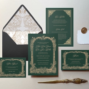 Eden: Green Wedding Invitation Suite, Wedding Invitation Instant Download, Green and Gold Wedding Invitation, QR code, Liner Included