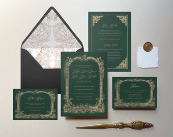 May include: Green and gold wedding invitation suite with ornate floral designs. The invitation features the text "With a presence in our hearts, we invite you to celebrate the wedding of..." and the names "Peter John Smith" and "Olivia James Walker". The RSVP card features the text "Please Respond by..." and the text "The Howard Estate". The thank you card features the text "Thank You".