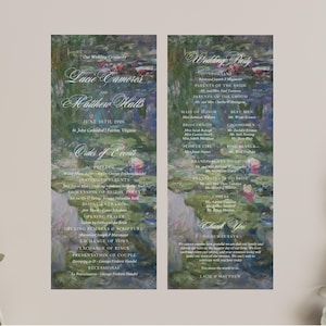 May include: Two vertical wedding program cards featuring a water lily pond painting background in shades of green, blue, and purple. The text includes the names Lacie Camoros and Matthew Halls, the date June 16th 2026, order of events, and wedding party.